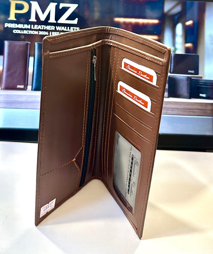PMZ Premium Genuine Leather Long Wallet for Men | RFID-Style Multi-Card Bifold Wallet with Zipper Pocket