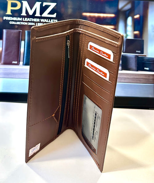 PMZ Premium Genuine Leather Long Wallet for Men | RFID-Style Multi-Card Bifold Wallet with Zipper Pocket