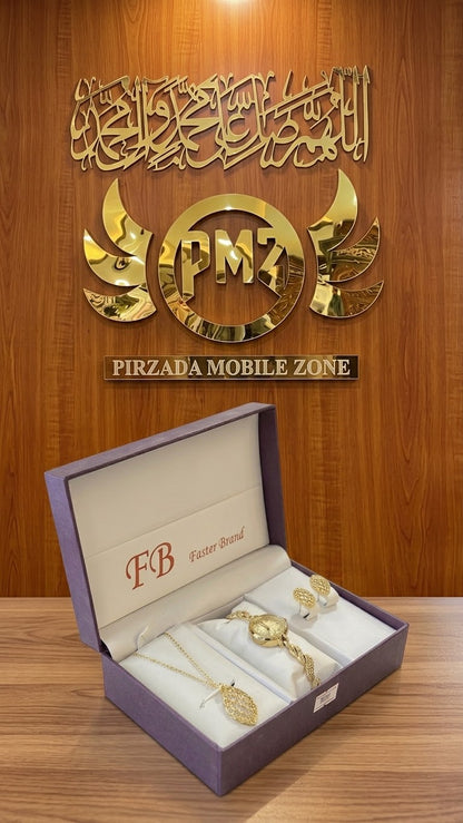 Luxury FB Brand Womenâ€™s Gold Jewelry Gift Set | Premium Necklace, Watch & Earrings Combo
