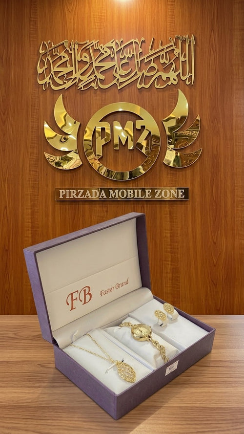 Luxury FB Brand Womenâ€™s Gold Jewelry Gift Set | Premium Necklace, Watch & Earrings Combo