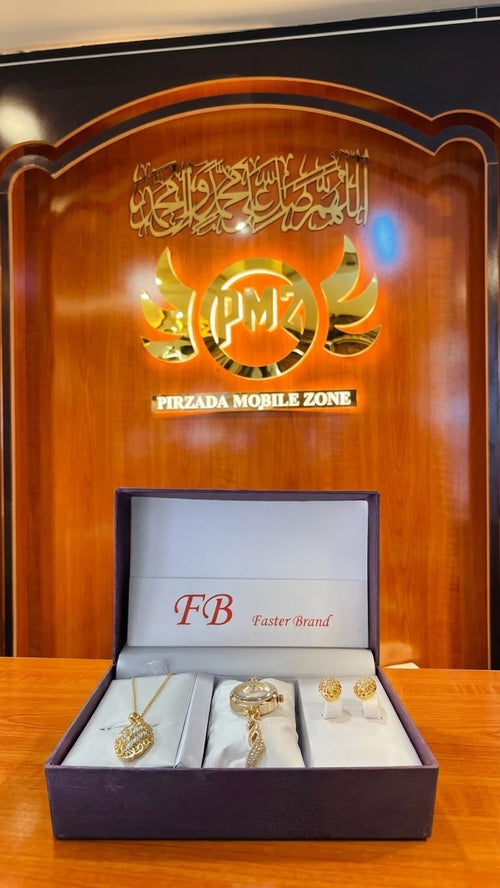 Luxury FB Brand Womenâ€™s Gold Jewelry Gift Set | Premium Necklace, Watch & Earrings Combo