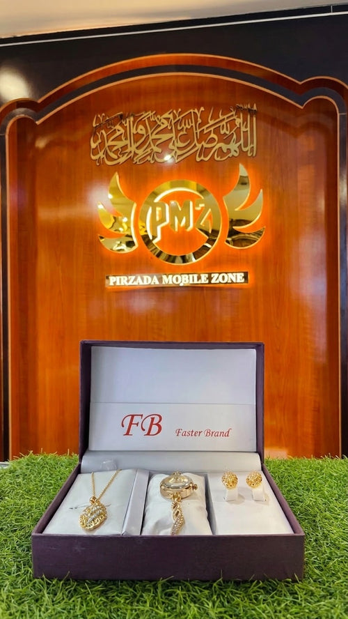 Luxury FB Brand Womenâ€™s Gold Jewelry Gift Set | Premium Necklace, Watch & Earrings Combo
