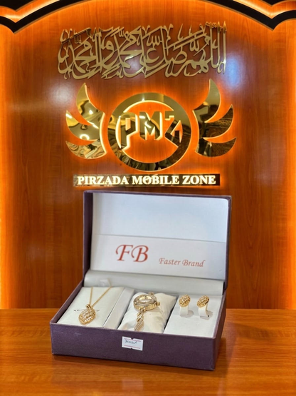 Luxury FB Brand Womenâ€™s Gold Jewelry Gift Set | Premium Necklace, Watch & Earrings Combo